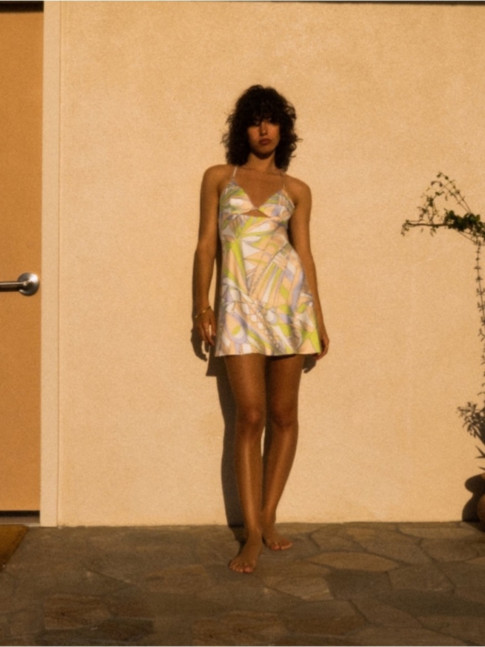 Zara Satin Cut Out Center Yellow Lilac Lime Pattern Mini Dress Medium - Picture 2 of 7